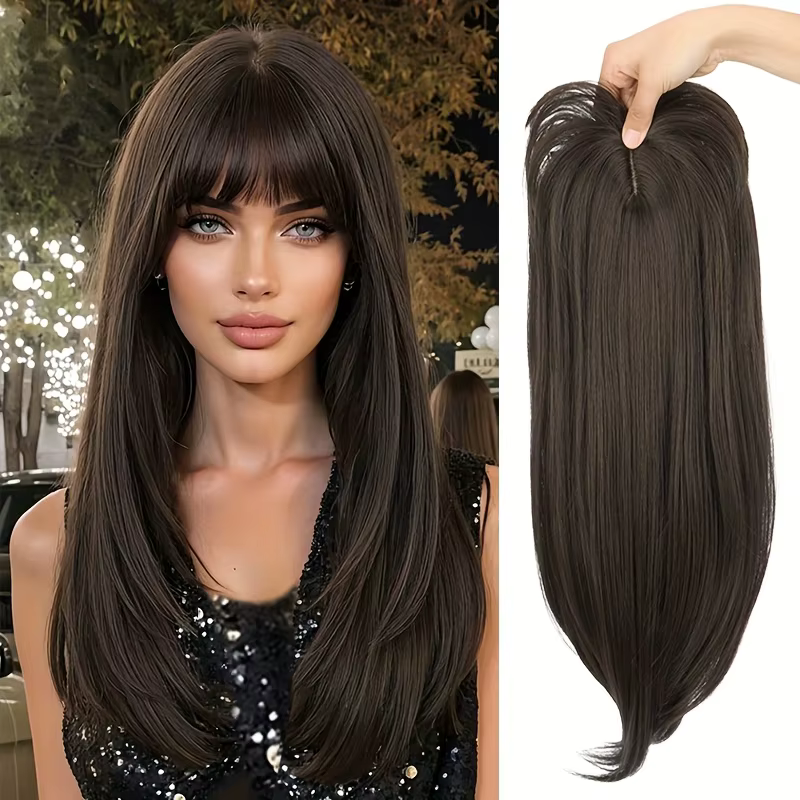 Extensions de cheveux synthétiques à clips avec frange : postiche longue et droite haute température