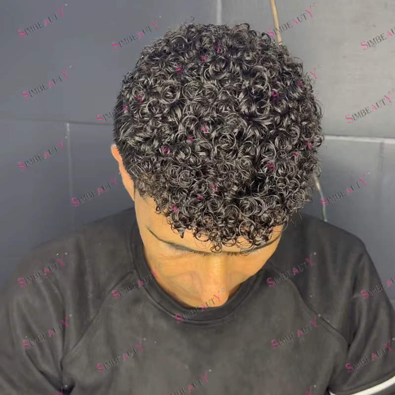 Prothèse capillaire homme Afro en cheveux naturels, bouclés Jerry 12mm, base fine mono, toupet pour 