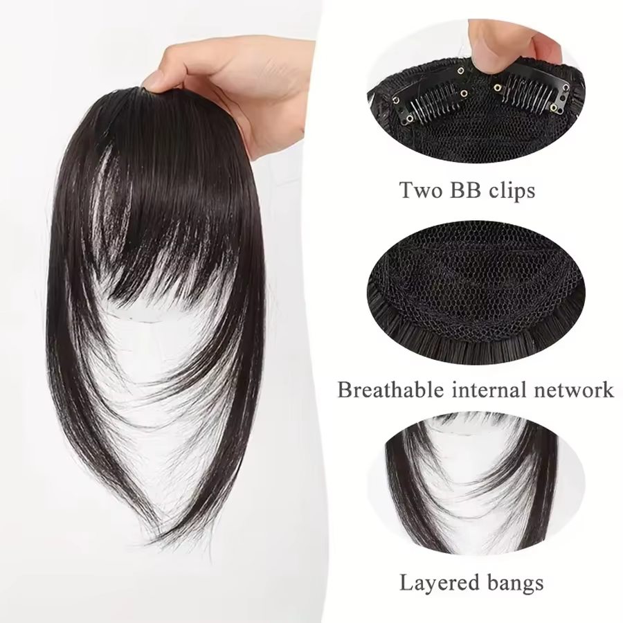 Extensions de cheveux synthétiques droites pour femmes avec frange superposée frange latérale postic