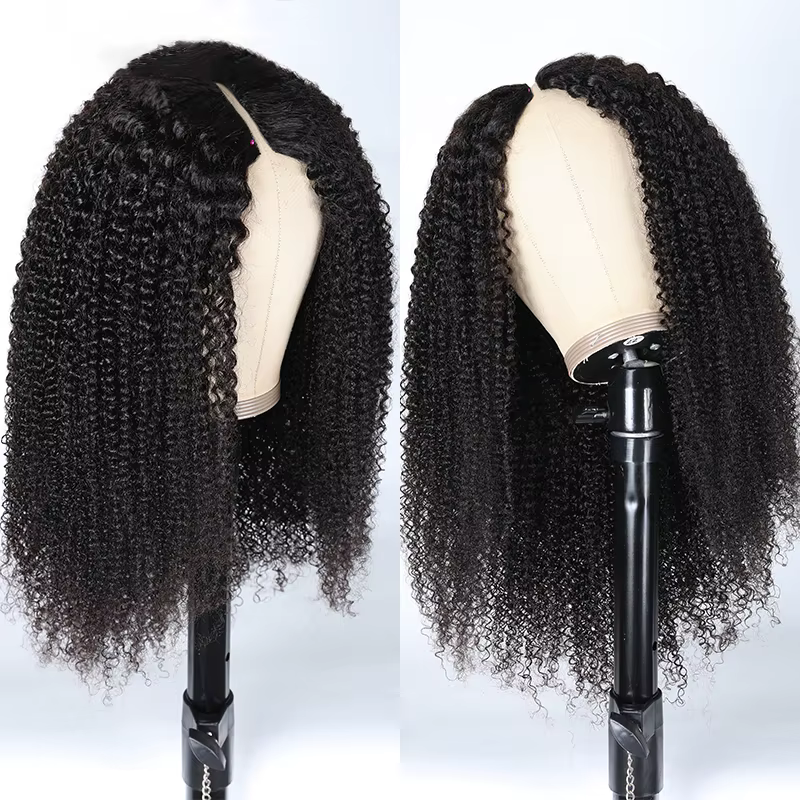 Kinky Curly V Part Perruque de cheveux humains pour femme, sans laisser de côté, partie fine, perruq