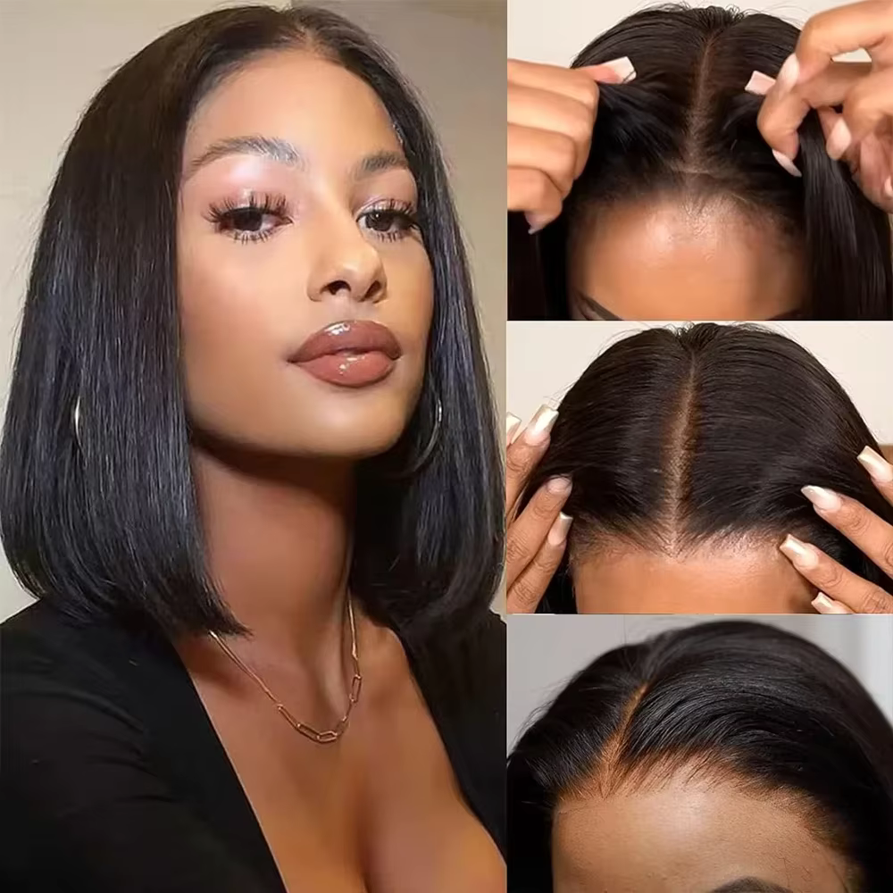 Perruque Lace Front 13x4 Brésilienne Courte Bob Lisse Noir Naturel 8-14 Pouces Sans Colle Douce Épai
