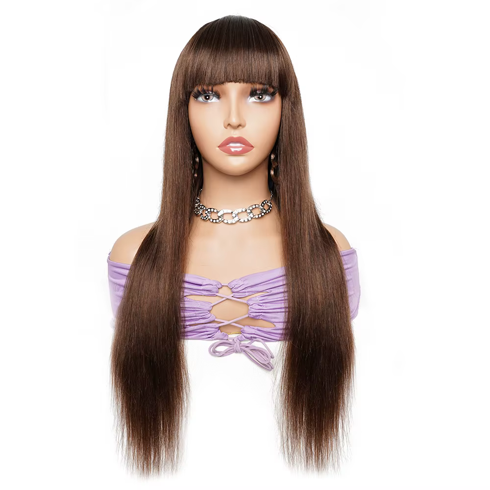 Perruques de cheveux 100% humains, perruque complète avec frange, marron, lisse, faite à la Machine,