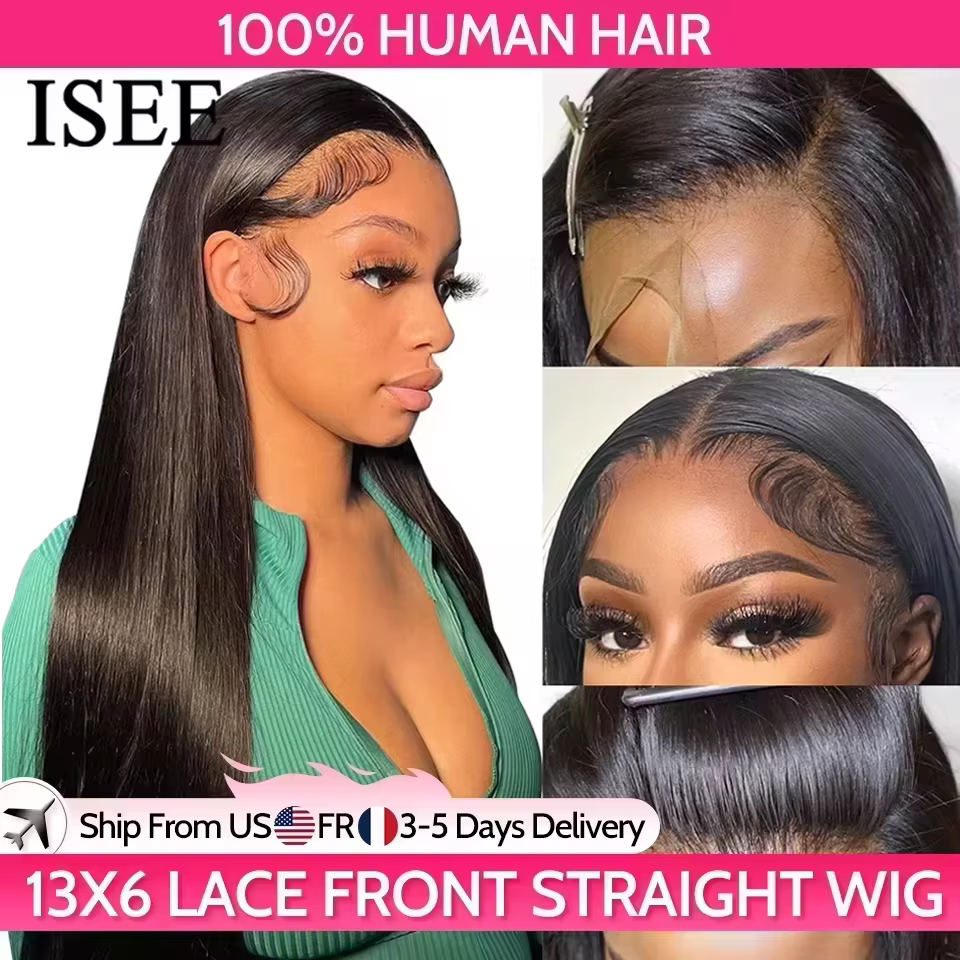 ISEE-Perruque Full Lace Front Wig naturelle lisse, cheveux humains, 13x6, pre-plucked, transparente,