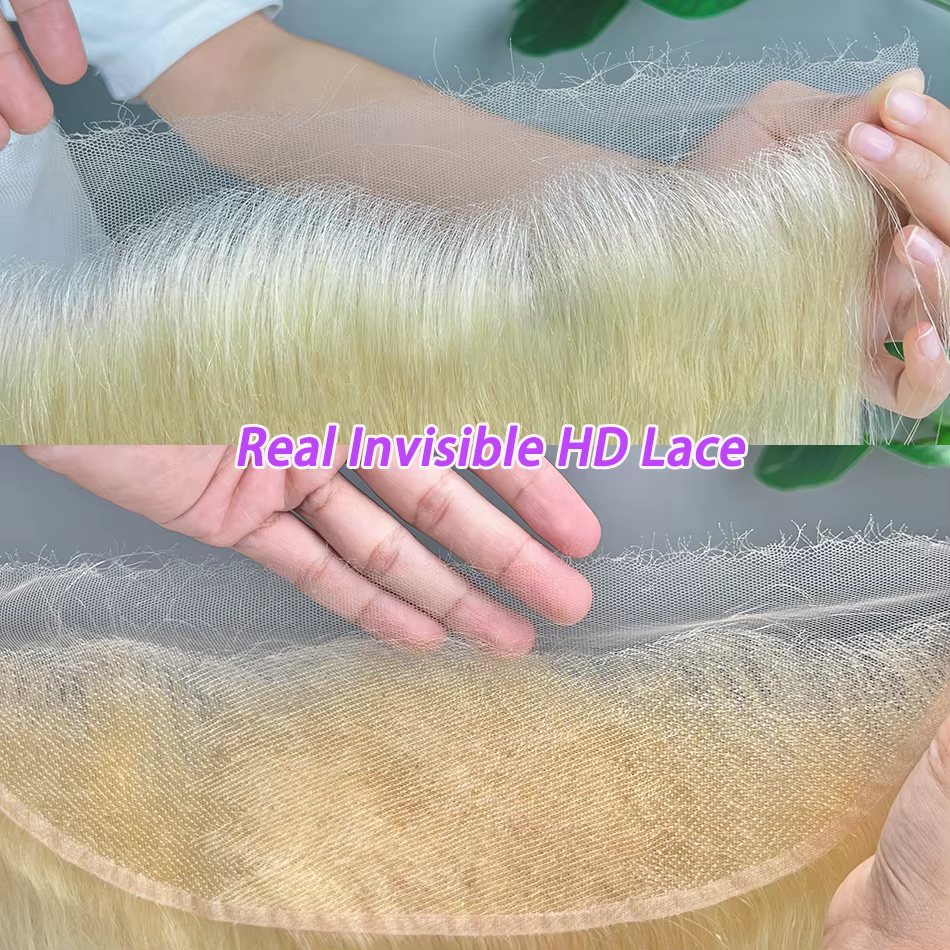 Frontale en dentelle invisible HD 13x6 # 613 cheveux humains droits colorés blonds pré-épilés nœuds 