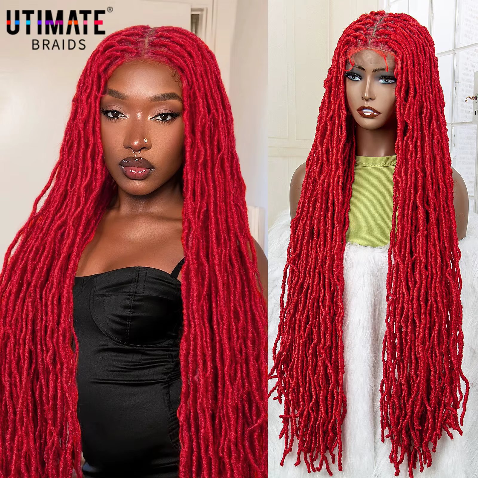 36 pouces couleur rouge Super longue synthétique pleine dentelle tresses perruques Locs Dreadlock bo