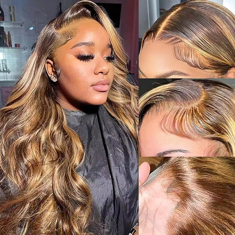 Perruque Lace Frontale en Cheveux Humains Ondulés avec Mèches, Densité 220, Couleur P427, 46 Pouces,