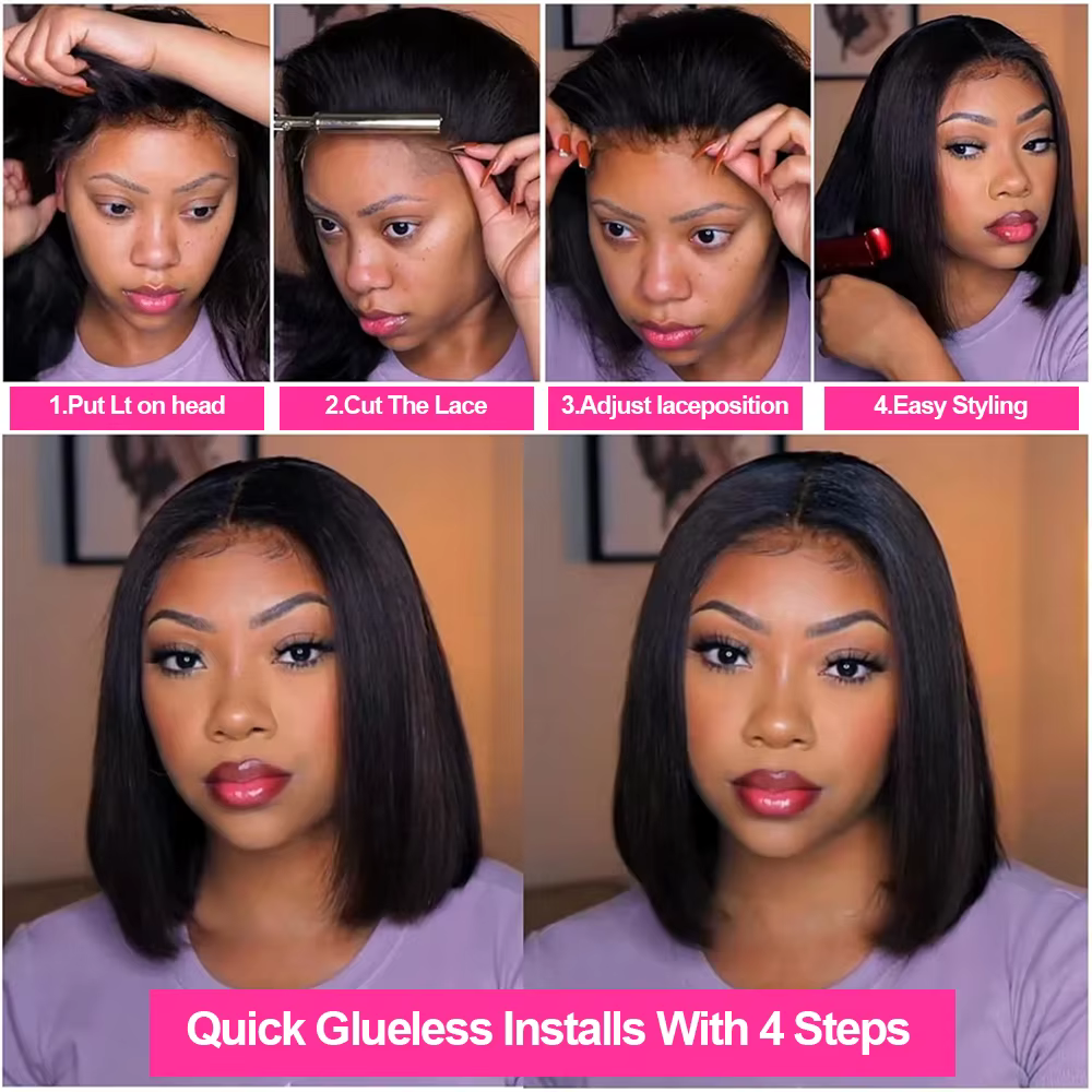 Perruque Bob Lace Front sans colle, cheveux humains brésiliens Remy, texture Kinky Straight, couleur