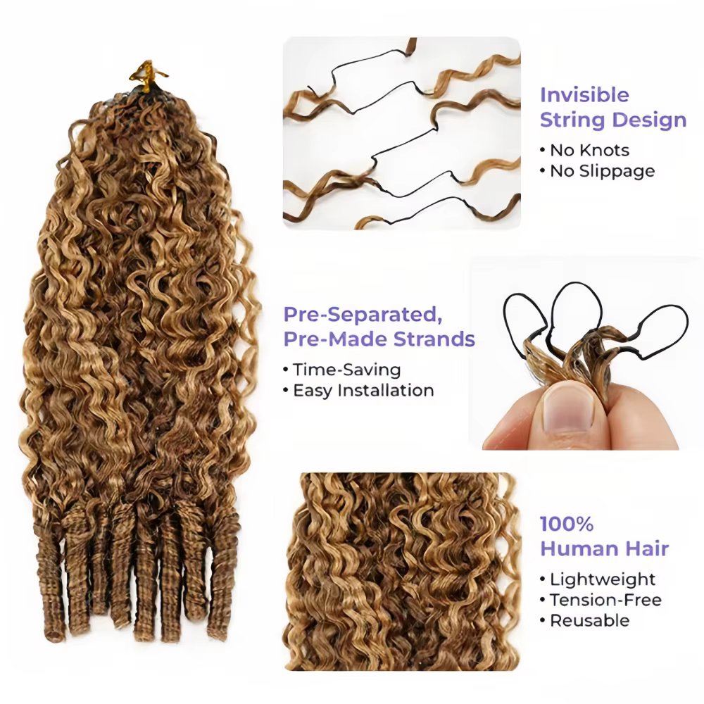Extensions de cheveux humains ondulés 15A, effet plume, à crocheter, avec boucles spirales aux extré
