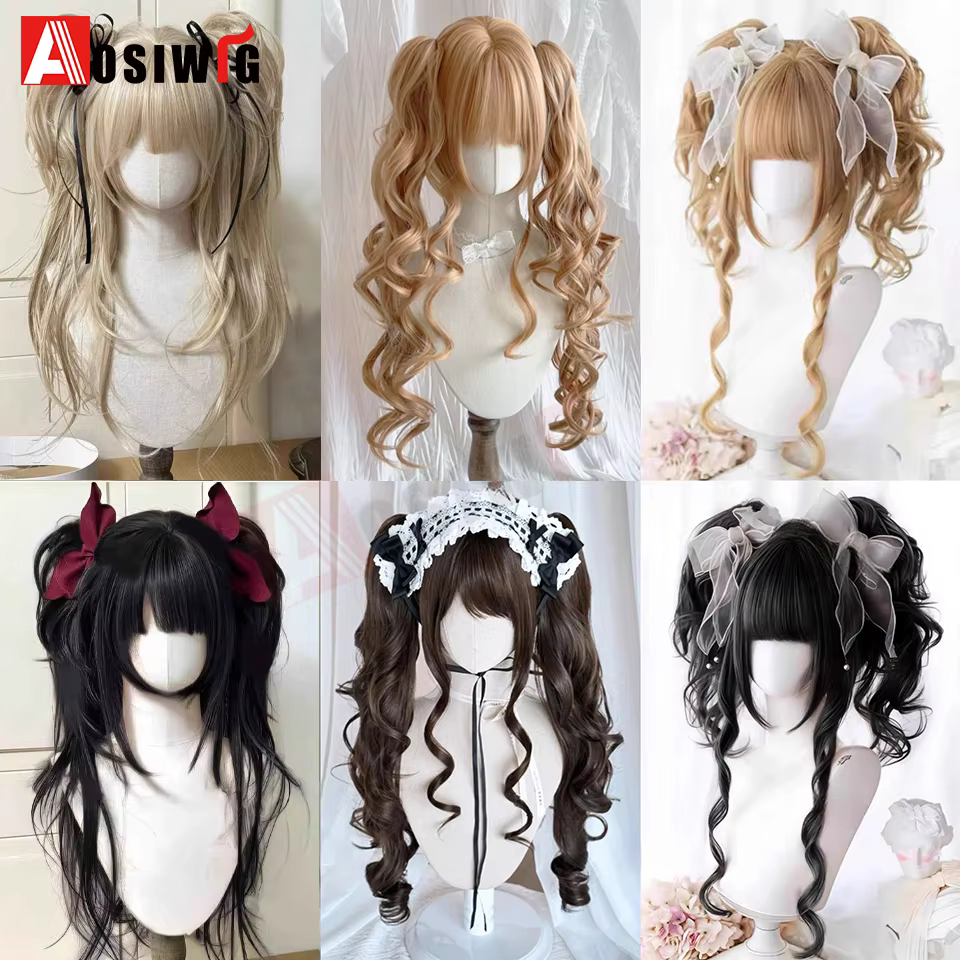 Perruque Lolita synthétique coupe princesse Double queue de cheval avec frange fille Ombre Blonde ma