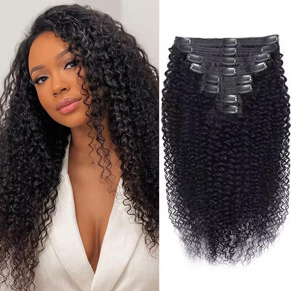 Extensions de cheveux humains Remy crépus bouclés à clips, 8 à 26 pouces, 100% cheveux humains pour
