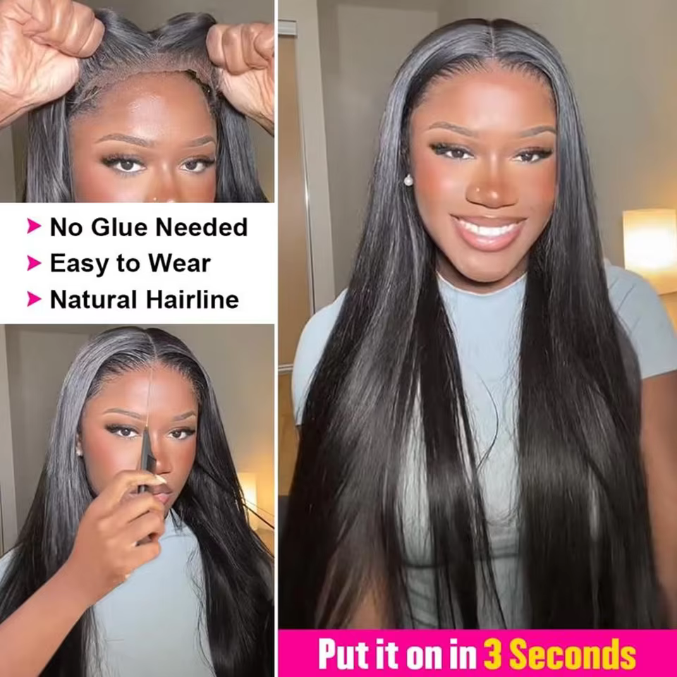 Perruque brésilienne sans colle, cheveux humains lisses, pré-coupés, sans colle, prêtes à porter, pr