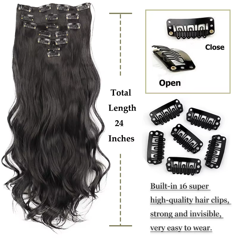 16 Clips 7 pièces/ensemble Extensions de cheveux longue ondulée coiffure naturel synthétique noir bl