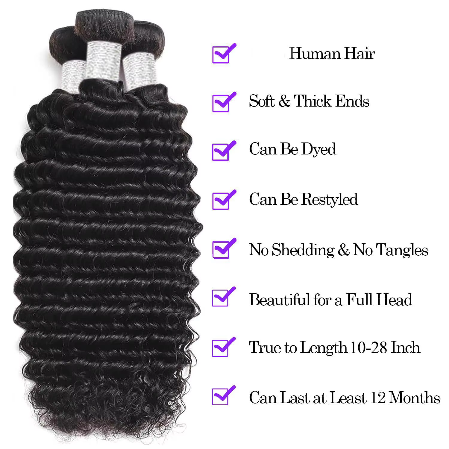 Extensions de cheveux humains vierges non traités, ondulés, double trame, 34-36 pouces, pour tissage