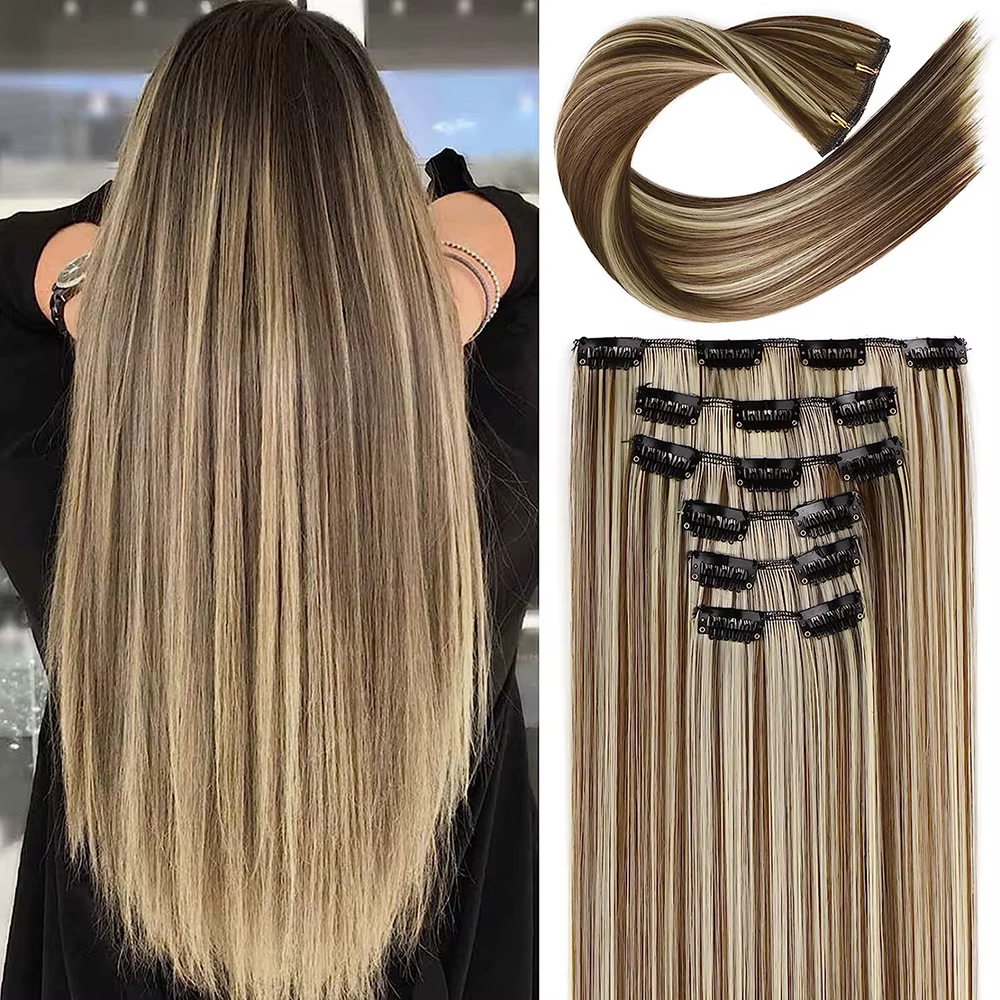 Extensions de cheveux synthétiques noirs 24 "/60cm 140g 6 pièces/ensemble femmes longue ligne droite