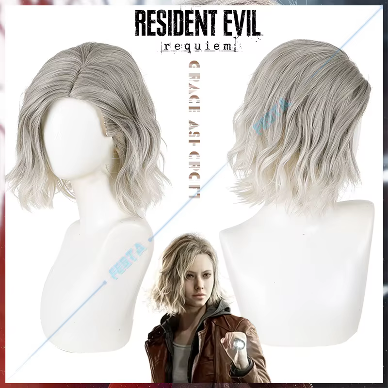 Perruque de cosplay Resident Evil Requiem Grace Ashcroft pour femme, cheveux courts ondulés gris cen
