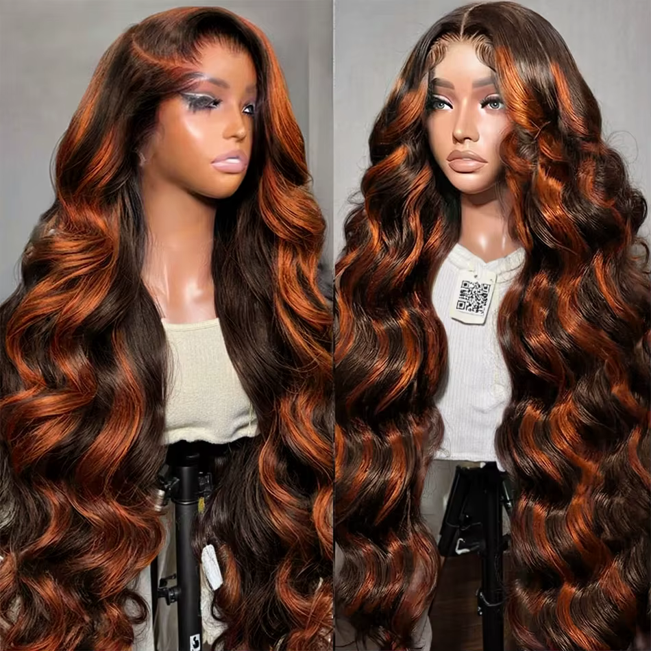 Perruque Lace Front 5x5 sans colle en cheveux humains, ondulée, pré-épilée, avec mèches marron ginge