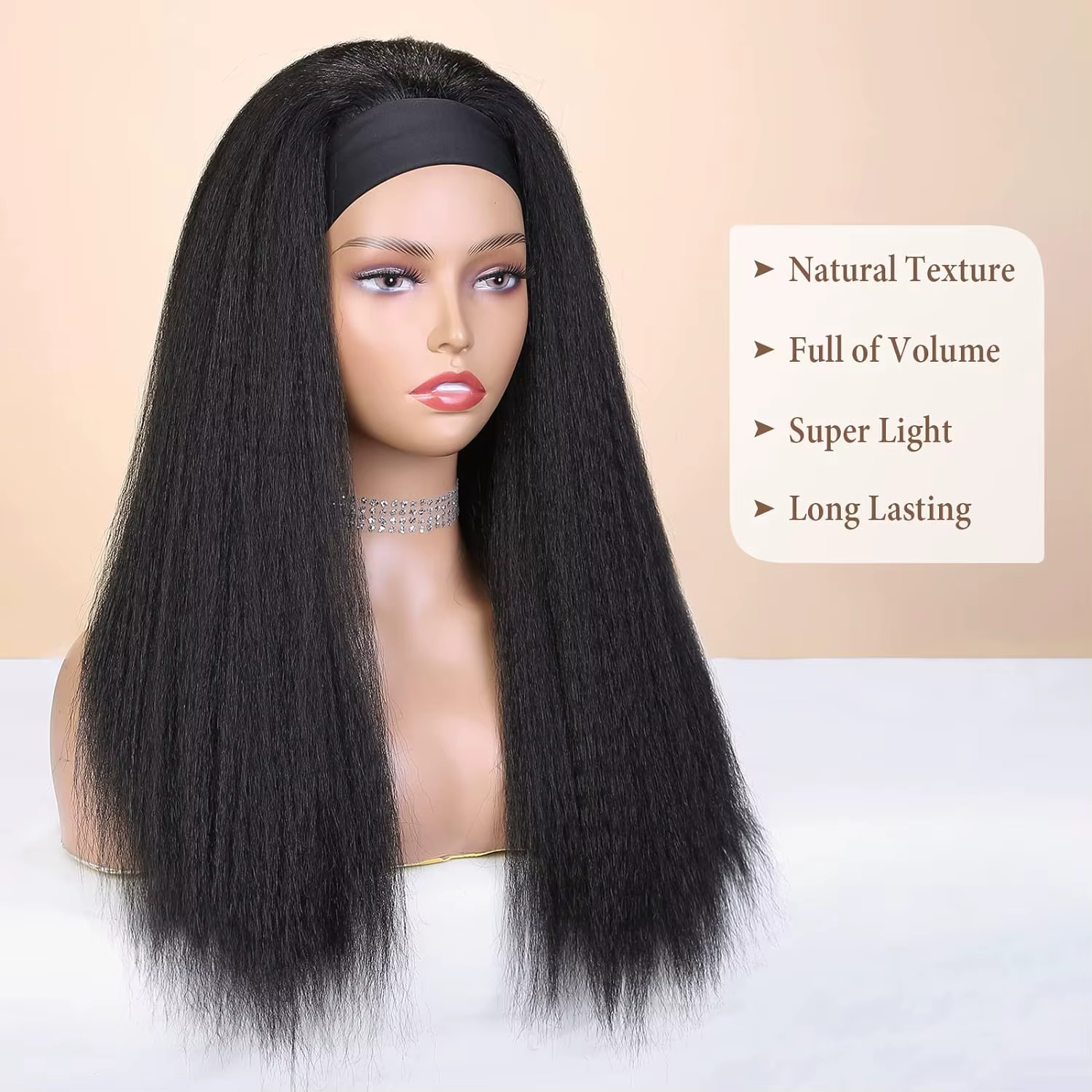 Perruque synthétique Yaki lisse et crépue pour femmes, perruque avec bandeau noir, facile à coiffer,
