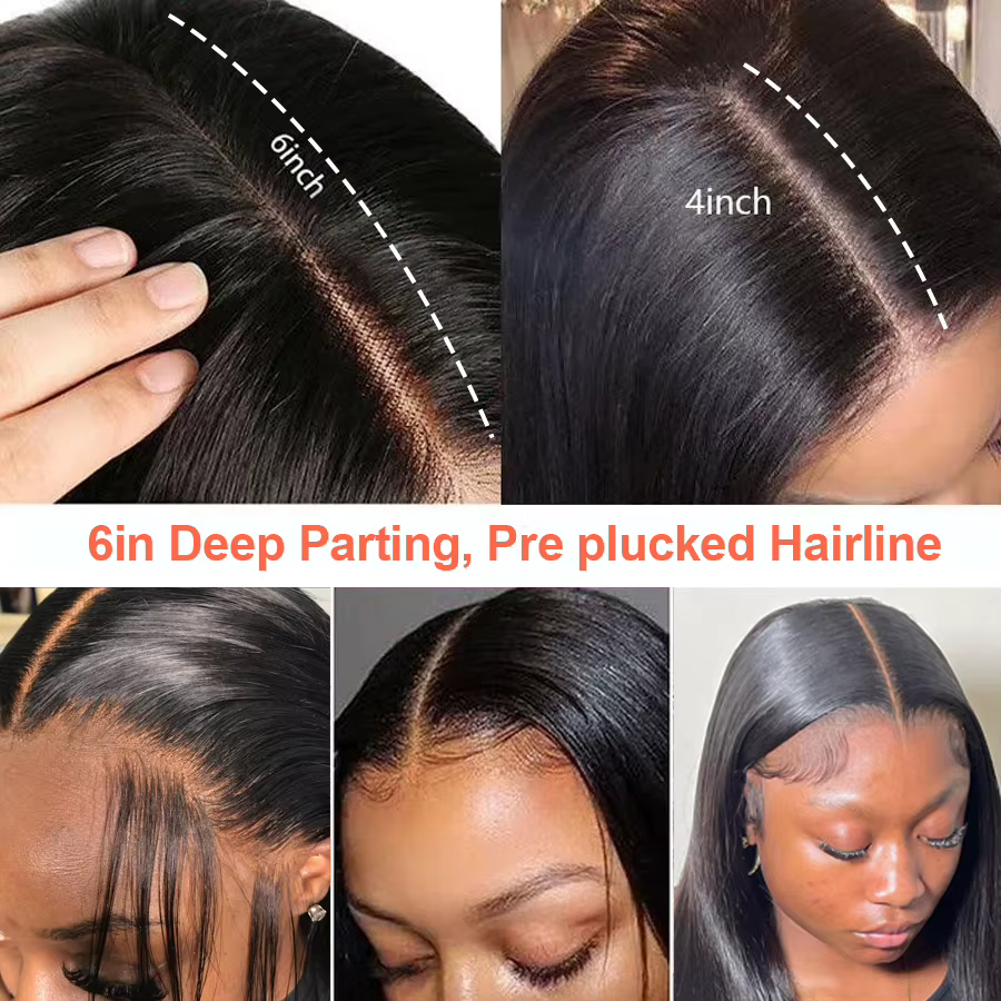 Sans colle 2x6 HD dentelle fermeture perruques droite raie profonde 100% cheveux humains HD Transpar