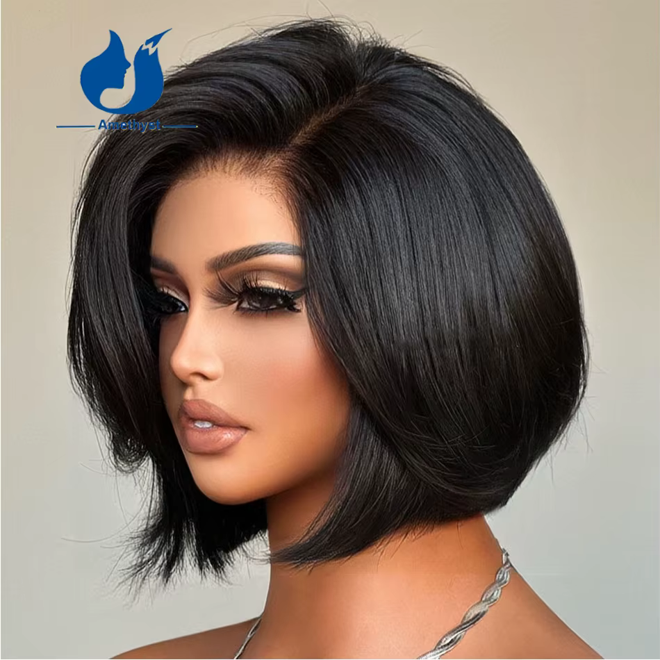 ALANDING YST − Perruque naturelle courte, avec bonnet en dentelle, cheveux lisses, 13x6, coupe pixie