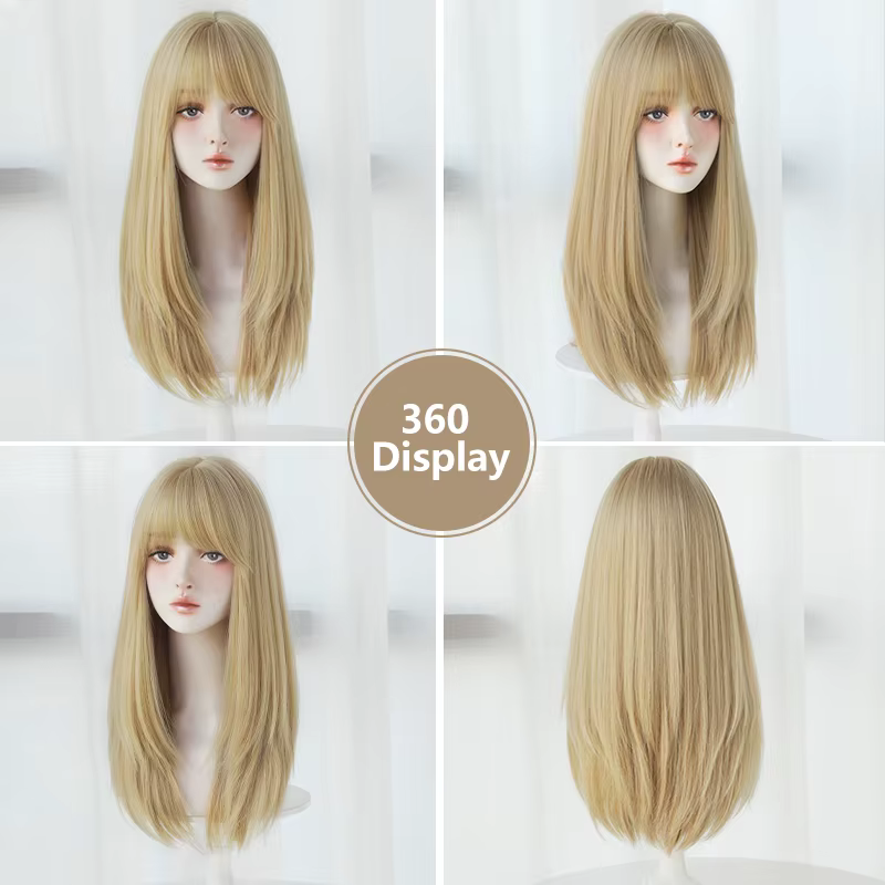 Perruques blondes en couches droites avec frange soignée, faux cheveux naturels synthétiques haute d
