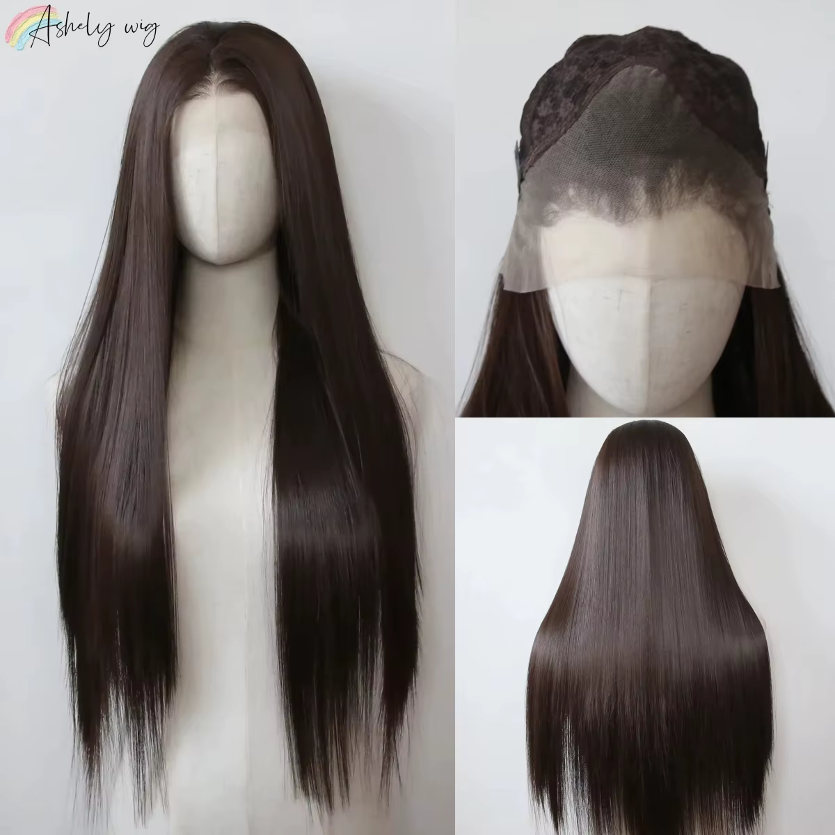 Ashely 13*4 brun foncé synthétique dentelle avant perruques marron longue droite dentelle avant perr