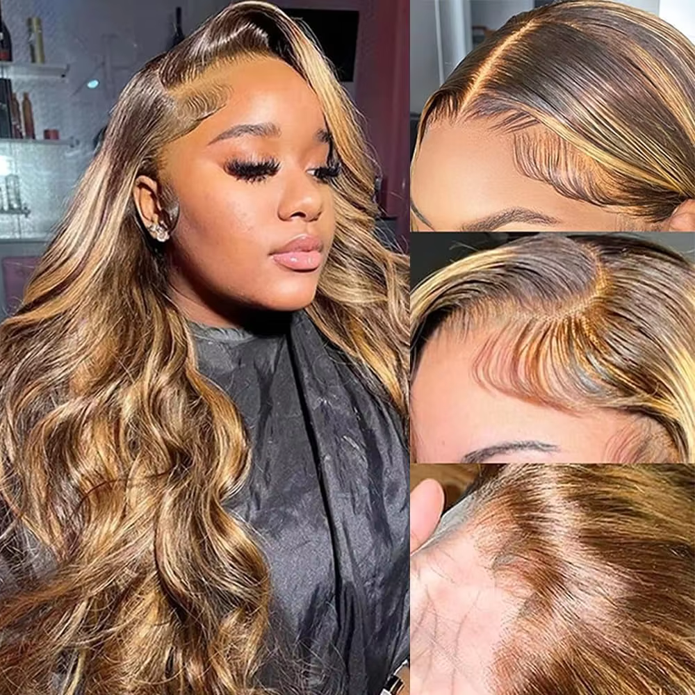 Perruque en cheveux humains avec dentelle frontale 13x6, blonde ombrée brune, vague corporelle, dens