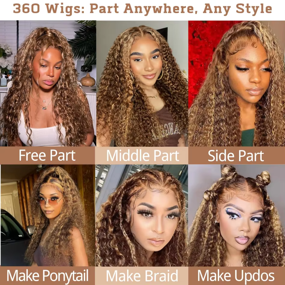 Perruque Lace Front Wig 360 naturelle bouclée, cheveux humains, pre-plucked, Hd, Deep Wave, avec cor