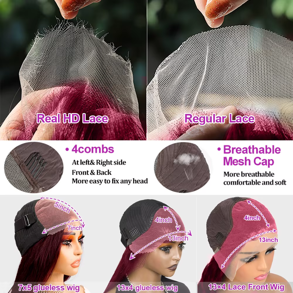 Perruque Bob Droite Cheveux Humains Perruque frontale en dentelle 13x4 HD 99J Perruque de cheveux hu