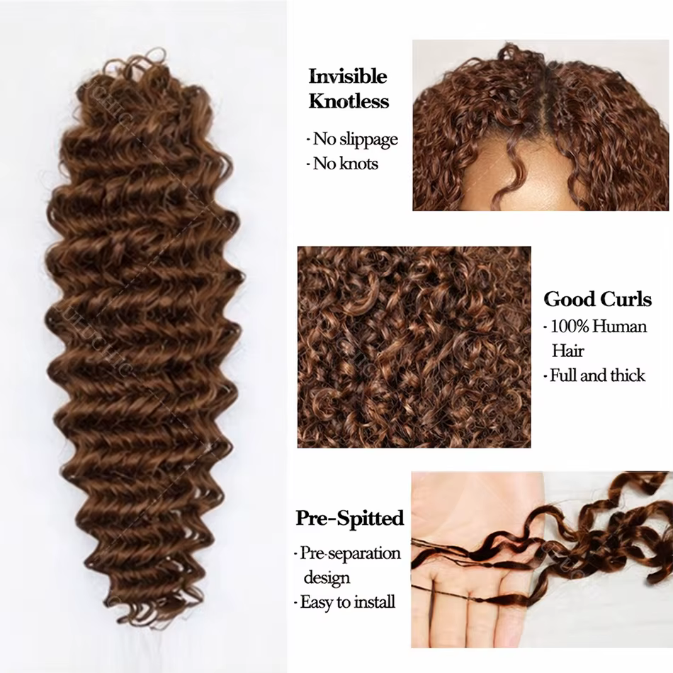 Extensions de cheveux humains bouclés au crochet, couleur marron chocolat, à ondulations profondes, 