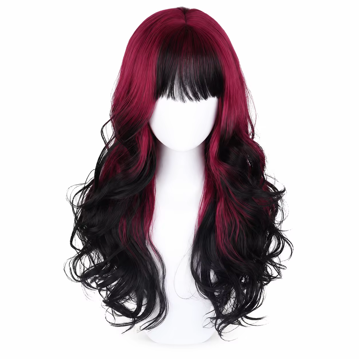 Perruque synthétique ondulée de 28 pouces pour femmes, dégradé rouge bordeaux à noir, franges douces