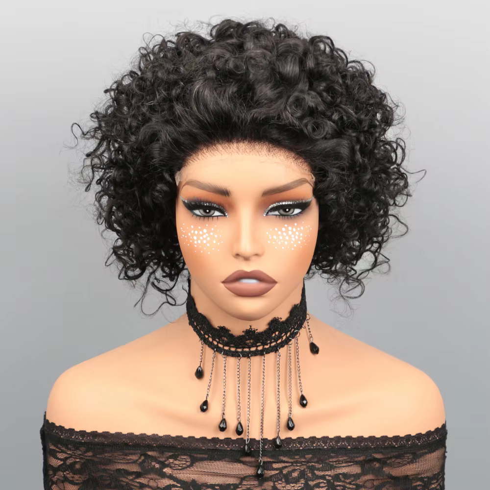 Perruque courte bouclée HD sans colle, coupe pixie, en cheveux humains, avec closure HD 5x5, 8 pouce