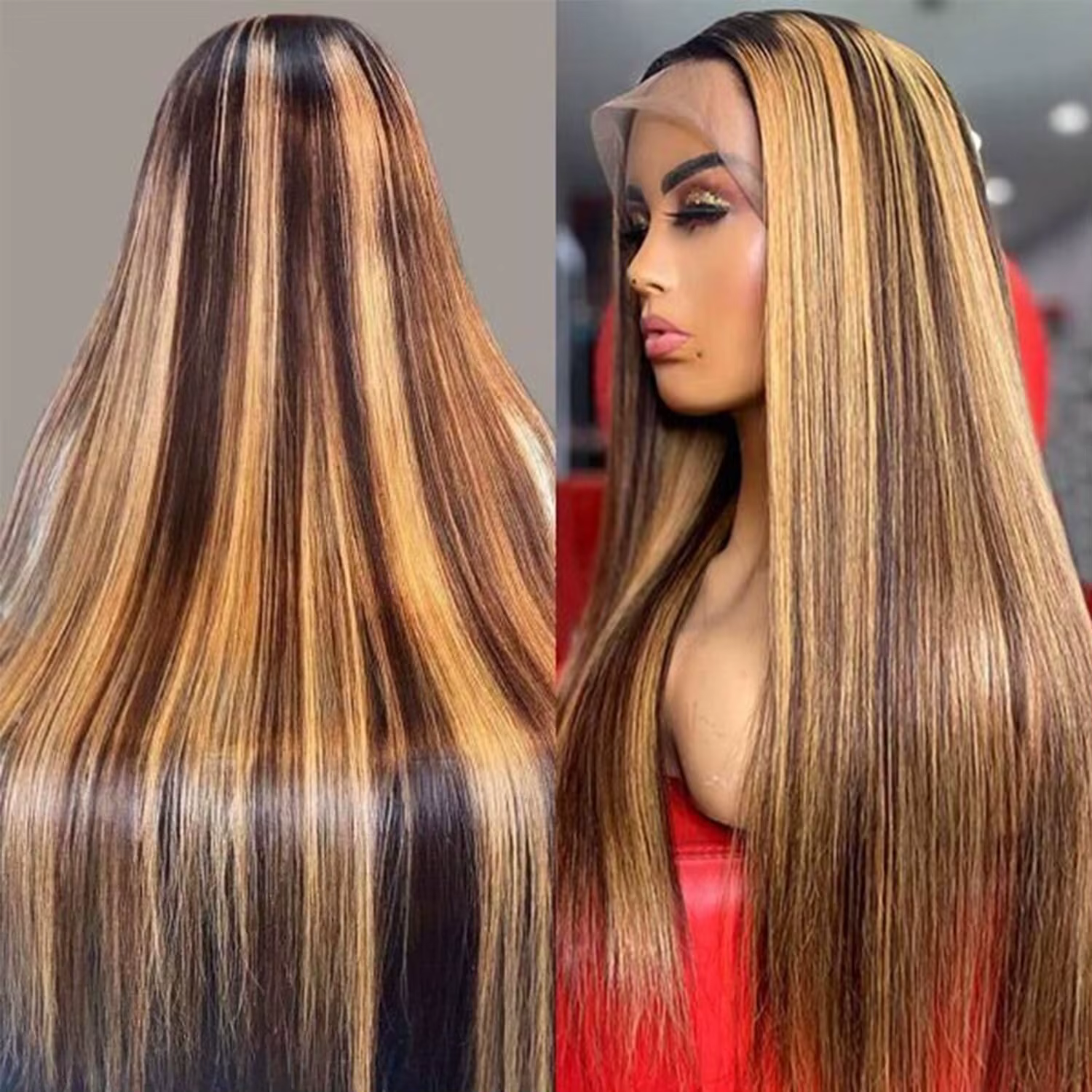 Perruque Lace Front Wig naturelle lisse à reflets P4/27, 13x6, perruque ombrée de couleur blond miel
