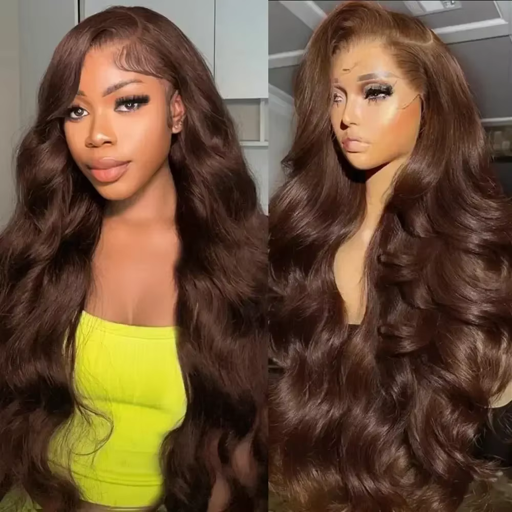 Perruques en cheveux humains Lace Front Body Wave 13x4, densité 200, couleur chocolat # 4 perruques