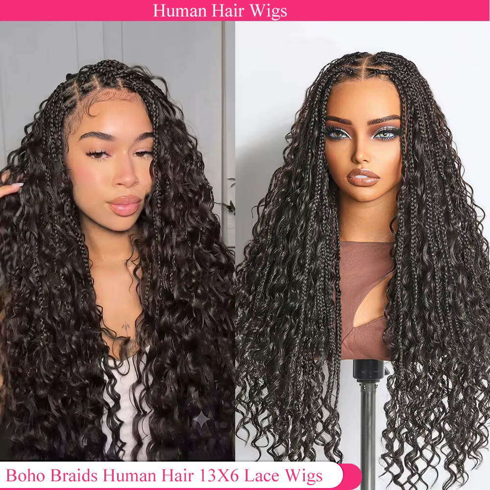 Perruques tressées sans colle en cheveux humains, style bohème, avec dentelle frontale HD 13x6, pré-