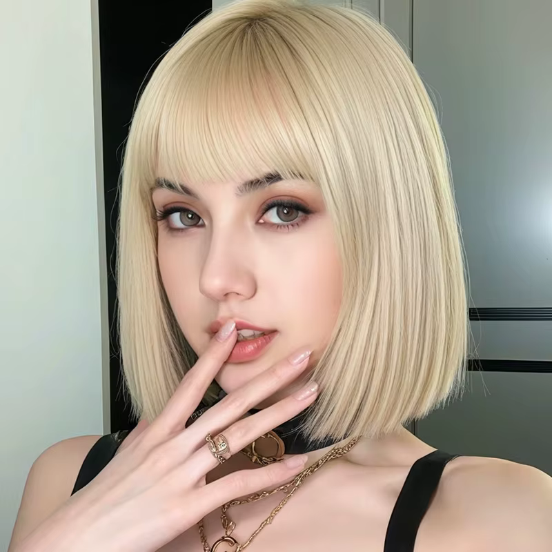 Blonde bangs wig 12 inches, high-temperature heat-resistant synthetic fiber, slimming face shape, su