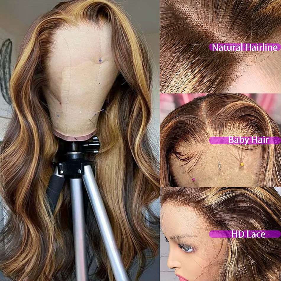 Perruque Body Wave P/427 Blond Miel avec Mèches, Cheveux Humains, Perruques Lace Front 13x4 13x6, Pe
