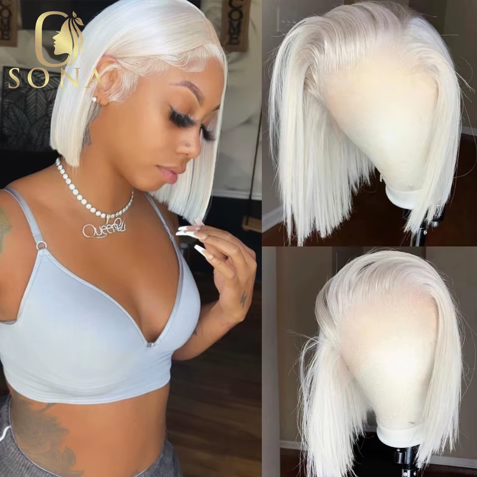 Perruque frontale en dentelle transparente 13x6 # 60 couleur blanc platine cendré blond droit Bob 13