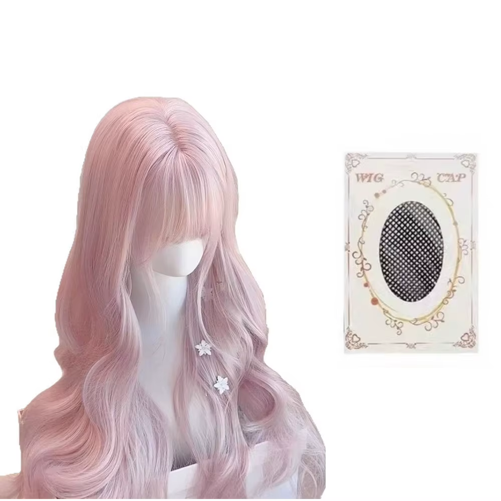 Perruque synthétique ondulée rose avec frange, cheveux longs et bouclés naturels, perruque superposé