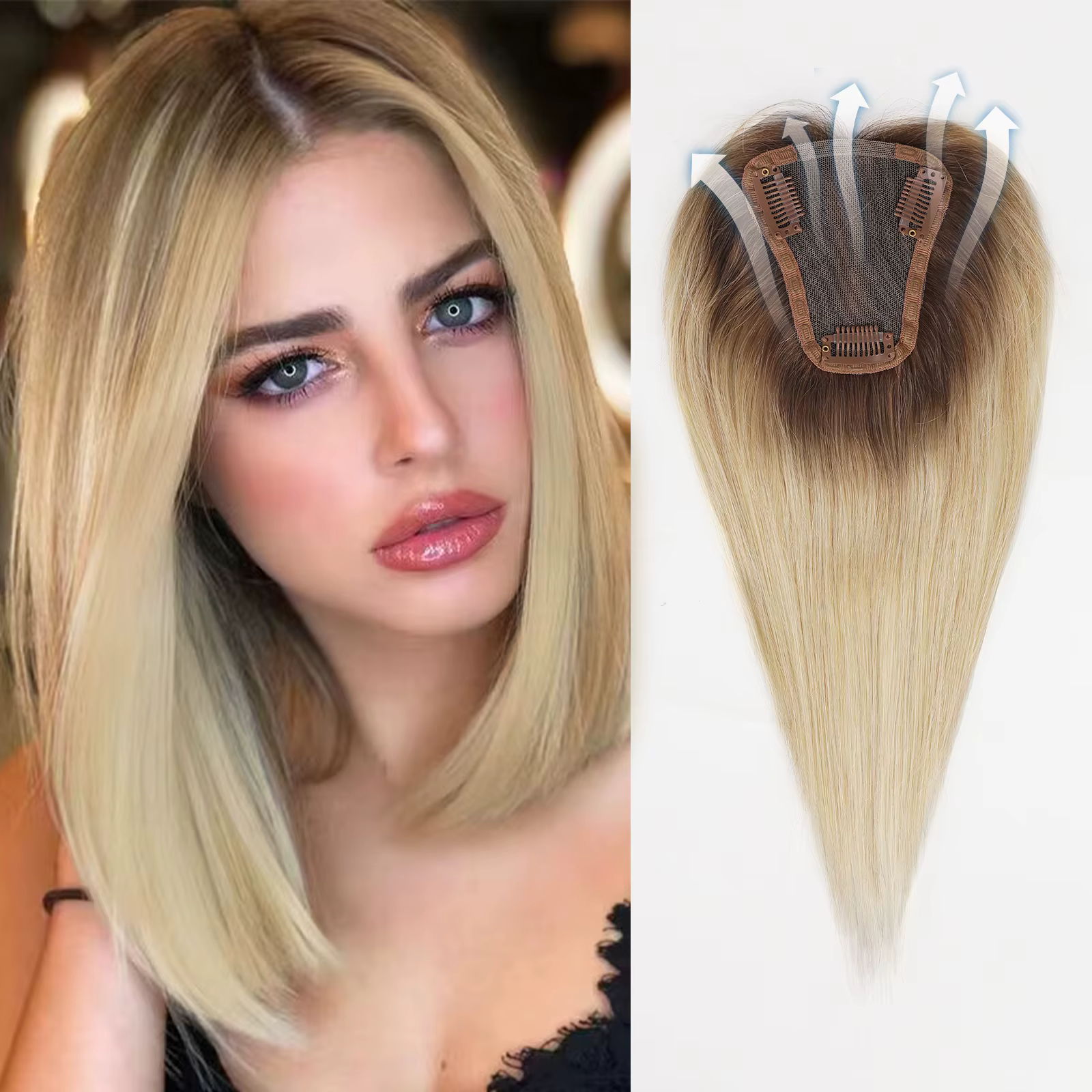 Cheveux Toppers partie centrale femmes cheveux humains Topper avec Base en dentelle pince dans les E