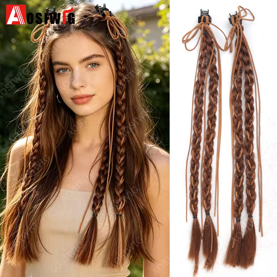 Extensions capillaires synthétiques longues à Clip tressé, 2 pièces, postiches queue de cheval pour 