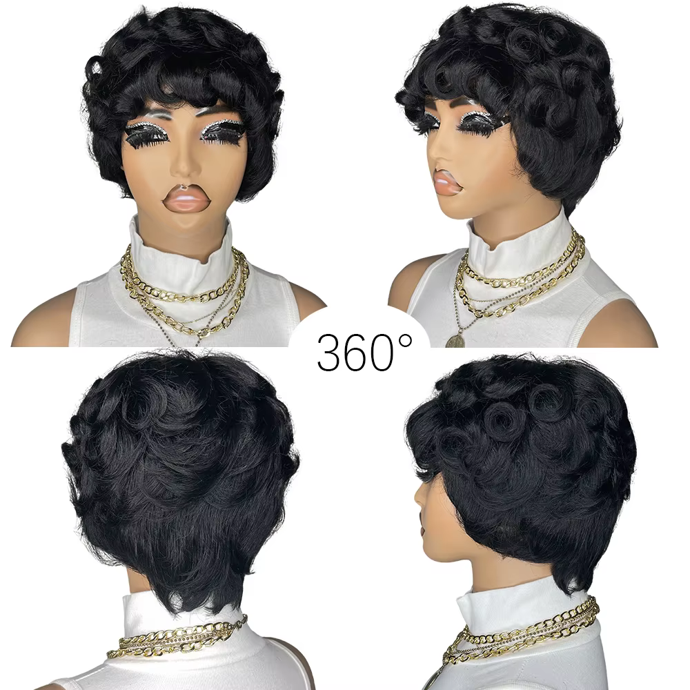 Perruque coupe lutin bouclée pour femmes, cheveux 100% naturels, entièrement fabriqués à la Machine,