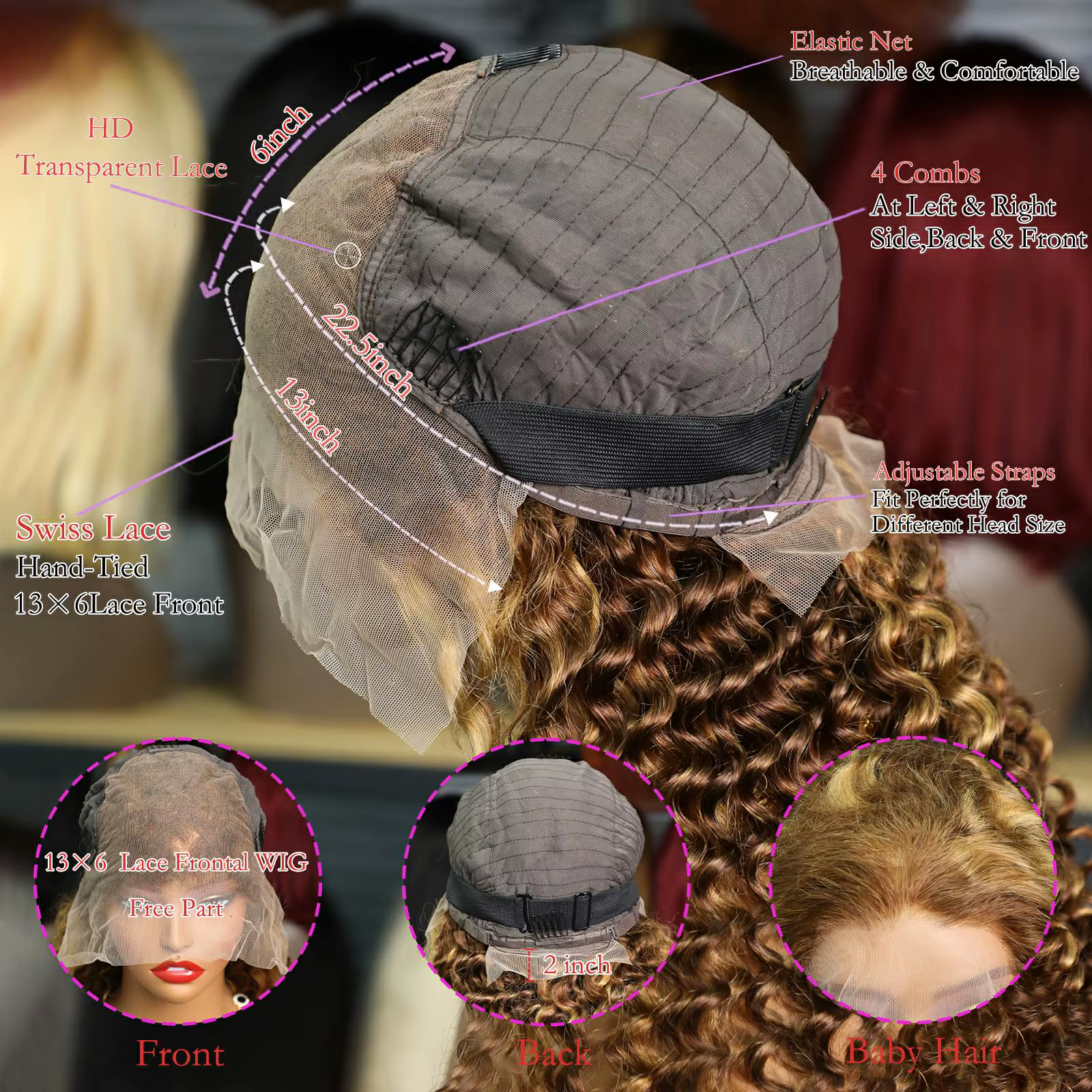 4/27 32 pouces mettre en évidence miel brun bouclés dentelle avant perruques de cheveux humains 13x6