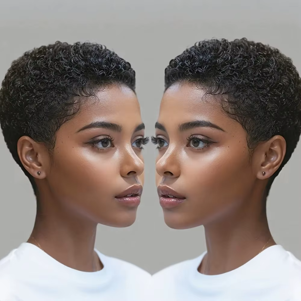 Perruque en cheveux humains brésiliens afro bouclés, coupe courte pixie, entièrement fabriquée à la