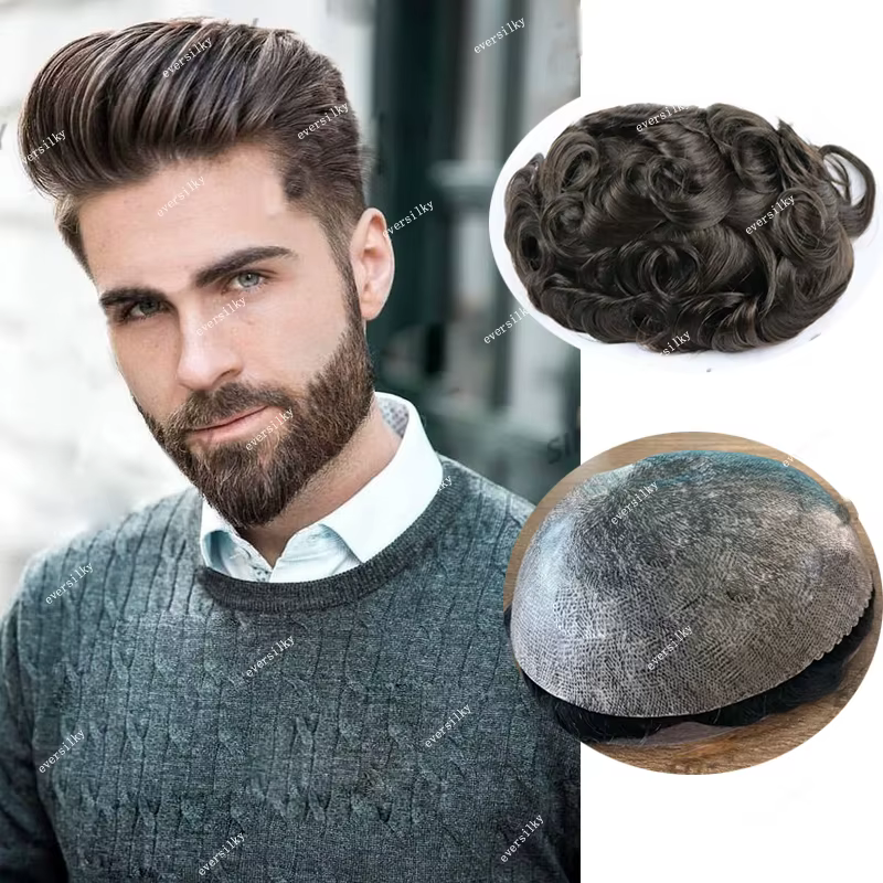 Perruque toupet de cheveux humains pour hommes, ligne de cheveux naturelle, marron, blond, noir, mic