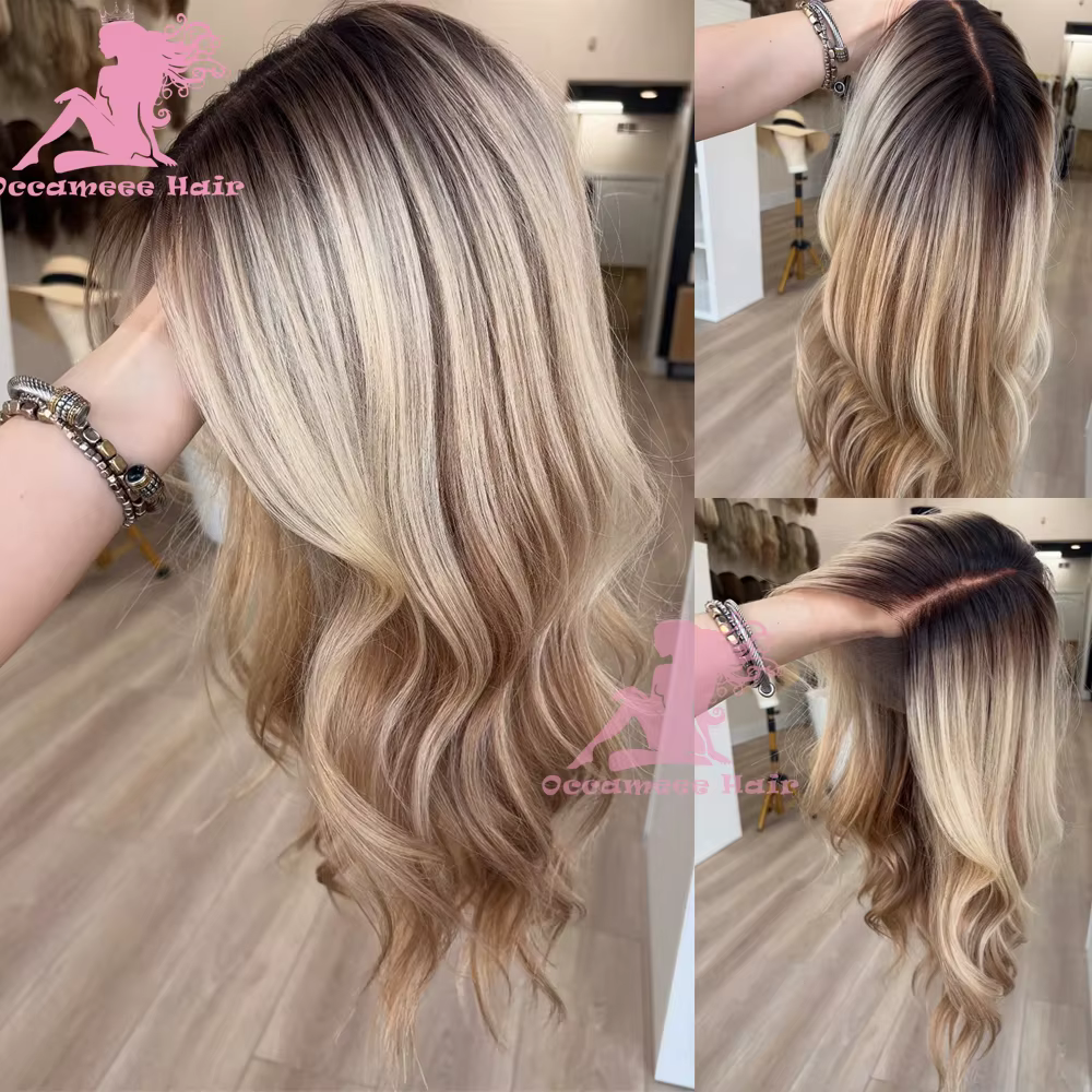 Perruque Lace Frontale en Cheveux Humains Body Wave Ombré Blond Cendré avec Mèches, Perruque Frontal