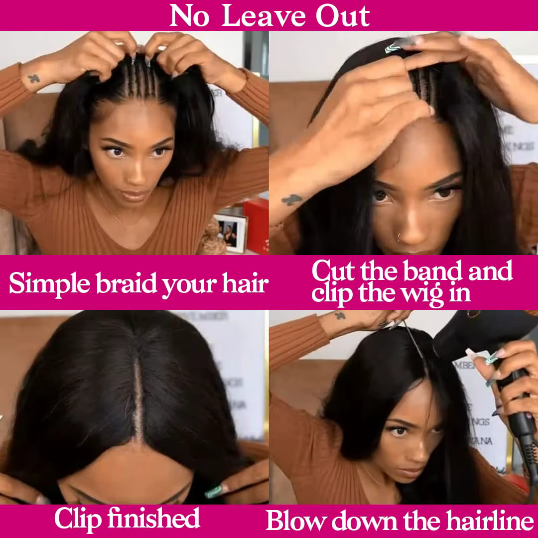 Perruques en cheveux humains lisses en forme de V, sans couture, sans colle, densité 220, noir natur