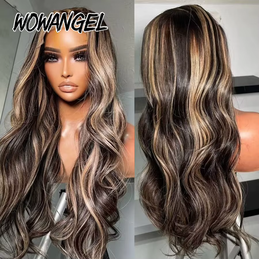 WOWANGEL Perruque Blonde Ondulée 1B/27 avec Mèches, Sans Colle, Fermeture en Dentelle HD 5x5, 100% C