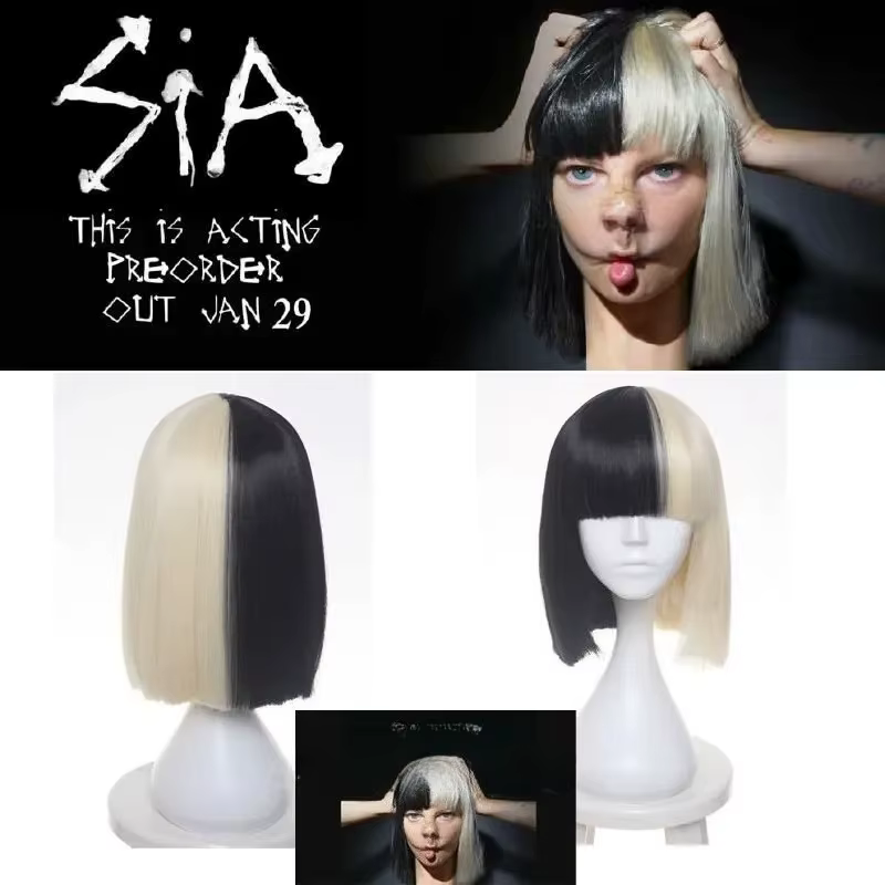 Perruque de cosplay de haute qualité Sia Alive This Is Acting, courte et droite, mi-noire et mi-blon