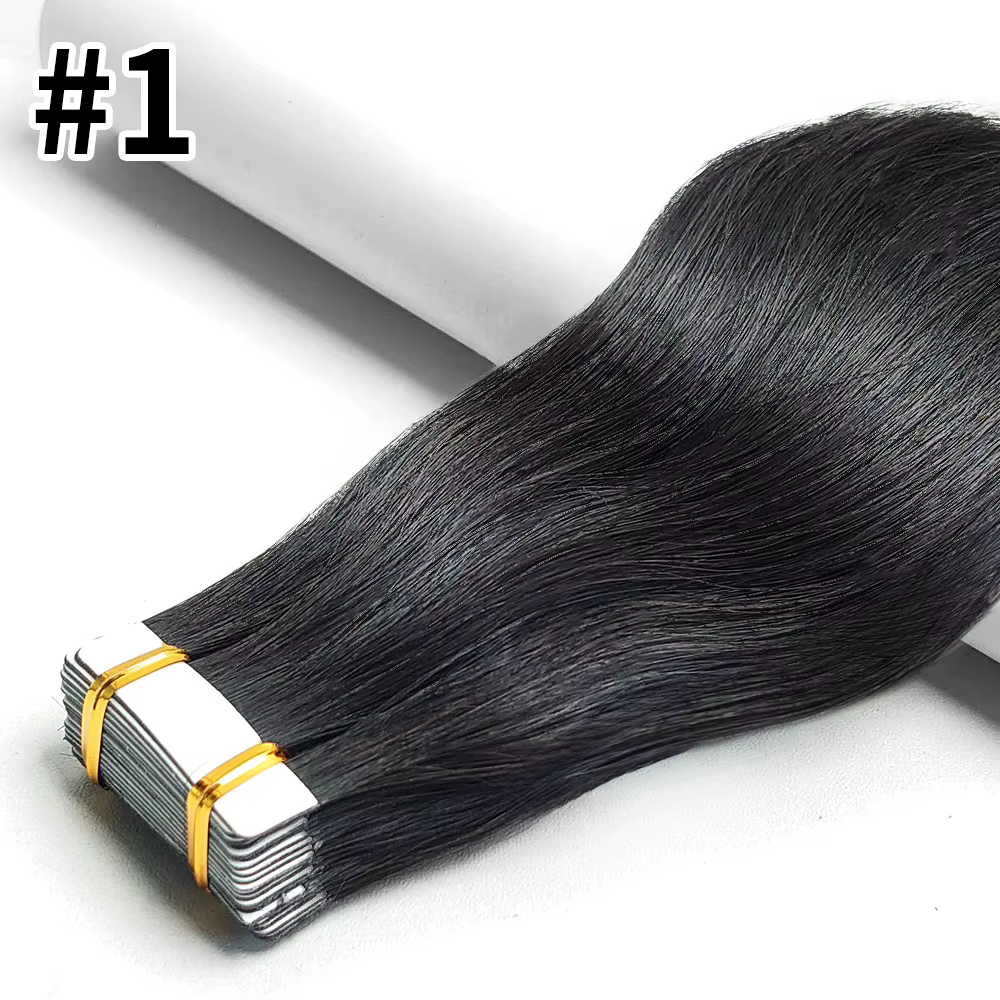 Extensions de Cheveux Humains Raides Naturels 1B, Noir Brun Blond 100% Remy Trame de Peau, Colle Adh