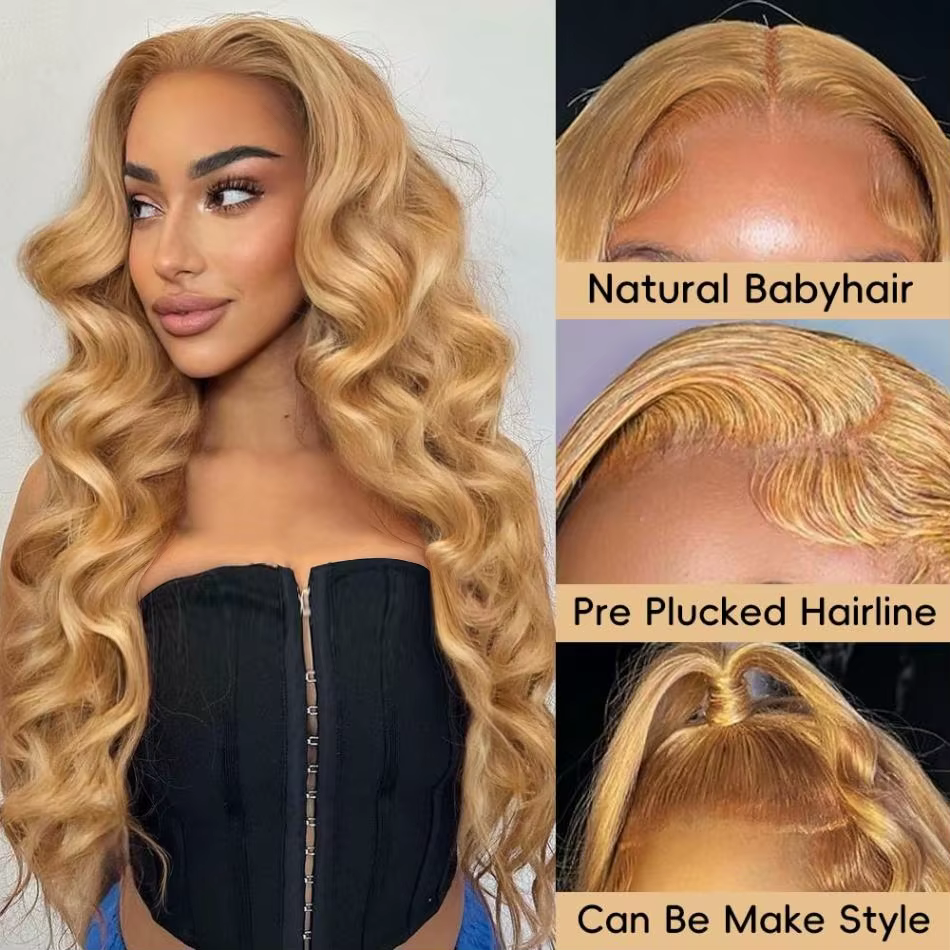 Perruque Lace Front Wig Body Wave brésilienne naturelle, cheveux humains, couleur blond miel, 13tage